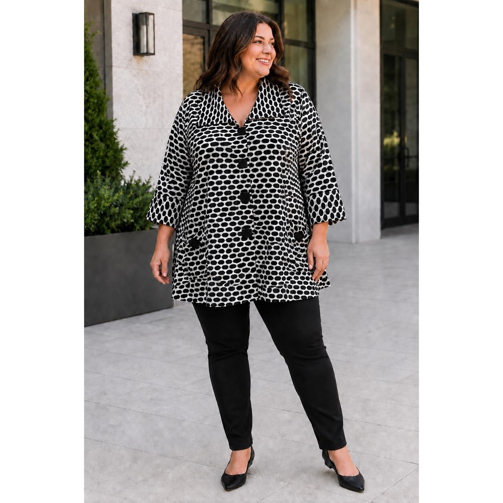 Ali Miles Blouse Woman's (1X) Geometric Lagenlook Artsy Swing Jacket Black White